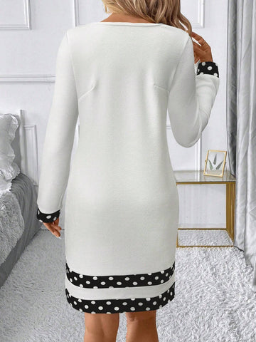 Elegant Commuter Black & White Geometric Patchwork Crew Neck Long Sleeve Short Dress For