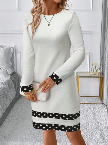 Elegant Commuter Black & White Geometric Patchwork Crew Neck Long Sleeve Short Dress For