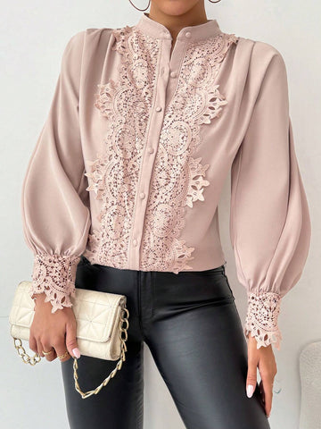 Clasi Elegant, Commuter, Casual, Lace, Gigot Sleeve, Gigot Sleeve, Smocked, Elegant Ladies Shirt