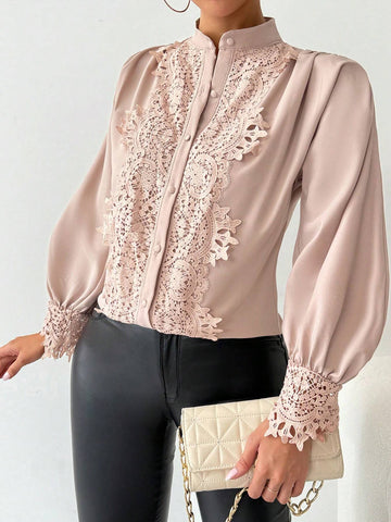 Clasi Elegant, Commuter, Casual, Lace, Gigot Sleeve, Gigot Sleeve, Smocked, Elegant Ladies Shirt