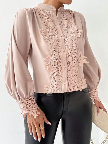 Clasi Elegant, Commuter, Casual, Lace, Gigot Sleeve, Gigot Sleeve, Smocked, Elegant Ladies Shirt