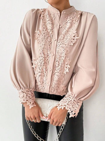 Clasi Elegant, Commuter, Casual, Lace, Gigot Sleeve, Gigot Sleeve, Smocked, Elegant Ladies Shirt