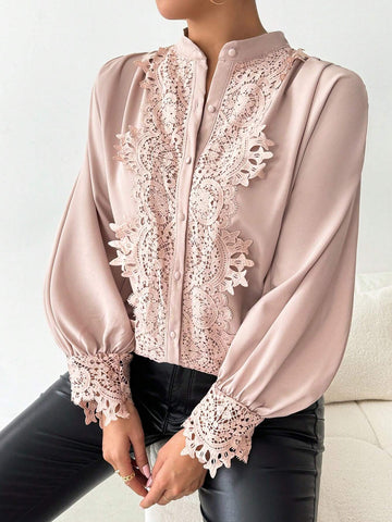 Clasi Elegant, Commuter, Casual, Lace, Gigot Sleeve, Gigot Sleeve, Smocked, Elegant Ladies Shirt