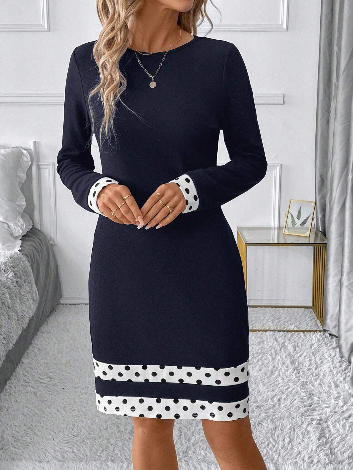 Elegant Commuter Geometric Patchwork Crew Neck Long Sleeve Short Dress For Women