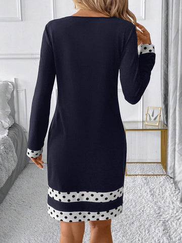 Elegant Commuter Geometric Patchwork Crew Neck Long Sleeve Short Dress For Women