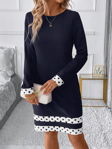 Elegant Commuter Geometric Patchwork Crew Neck Long Sleeve Short Dress For Women