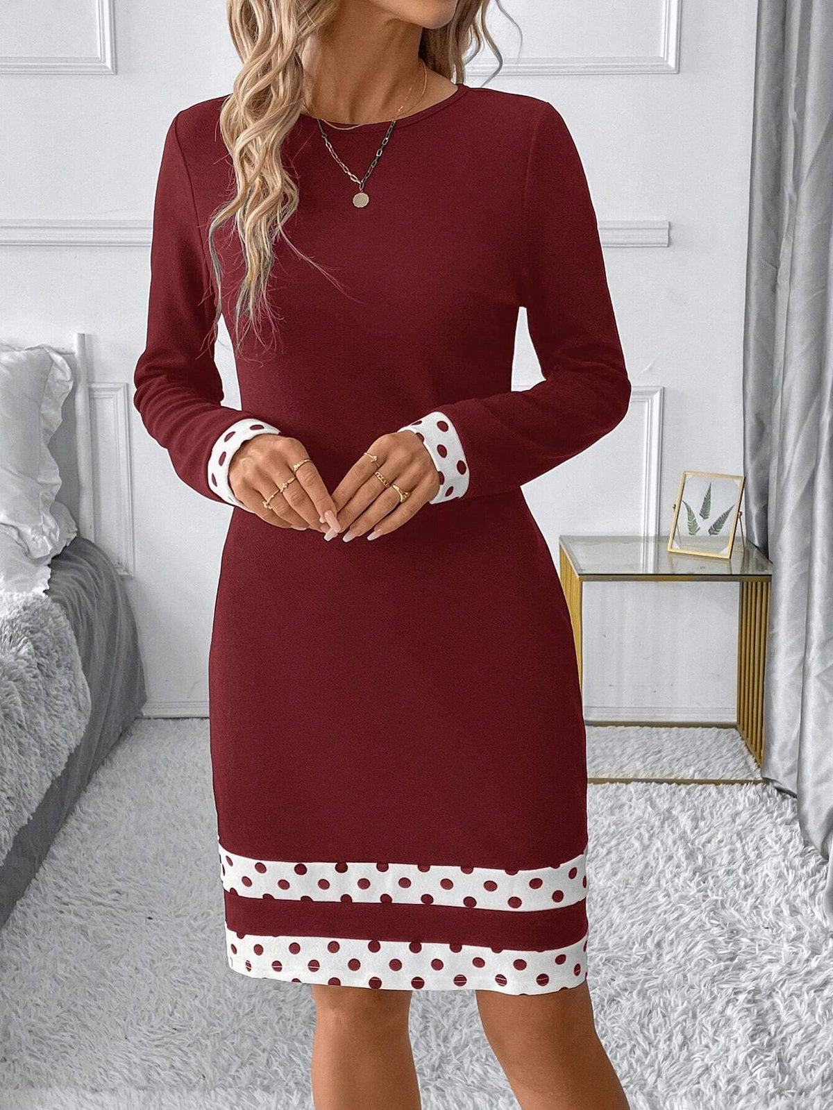 Elegant Commuting Black & White Geometric Splicing Round Neck Long Sleeve Short Dress For Women