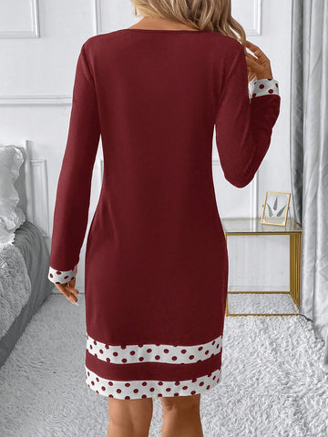 Elegant Commuting Black & White Geometric Splicing Round Neck Long Sleeve Short Dress For Women