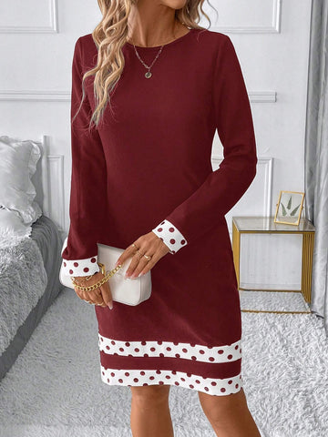 Elegant Commuting Black & White Geometric Splicing Round Neck Long Sleeve Short Dress For Women