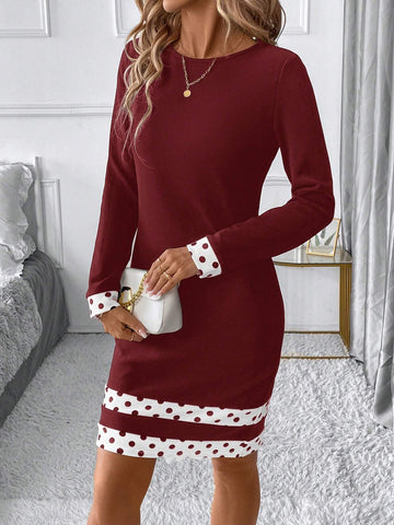 Elegant Commuting Black & White Geometric Splicing Round Neck Long Sleeve Short Dress For Women