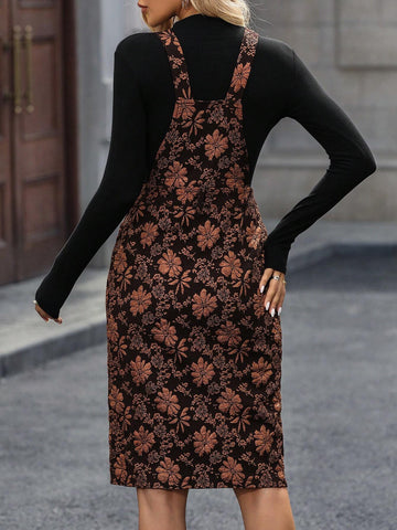 Elegant Floral Jacquard Pinafore Dress, Autumn