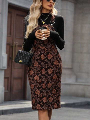 Elegant Floral Jacquard Pinafore Dress, Autumn