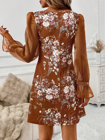 Elegant Floral Print Fitted Mini Dress, Pink Crew Neck Long Sleeve, For Women