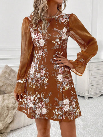 Elegant Floral Print Fitted Mini Dress, Pink Crew Neck Long Sleeve, For Women