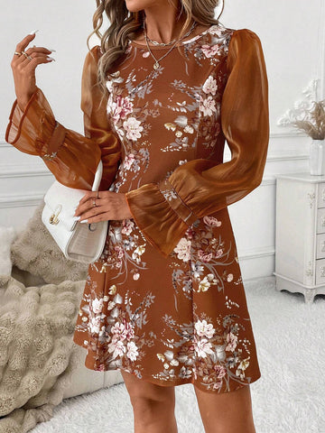 Elegant Floral Print Fitted Mini Dress, Pink Crew Neck Long Sleeve, For Women