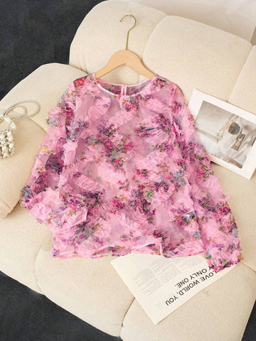 Clasi Elegant Floral Print Mesh Lantern Sleeve Blouse, Autumn
