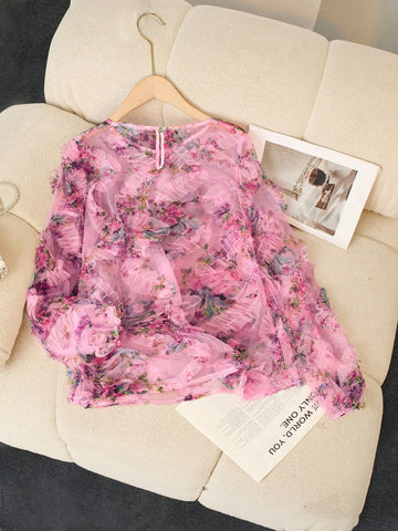 Clasi Elegant Floral Print Mesh Lantern Sleeve Blouse, Autumn
