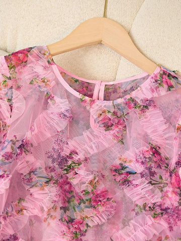 Clasi Elegant Floral Print Mesh Lantern Sleeve Blouse, Autumn