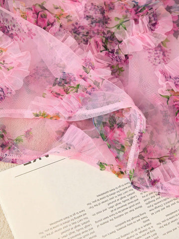 Clasi Elegant Floral Print Mesh Lantern Sleeve Blouse, Autumn