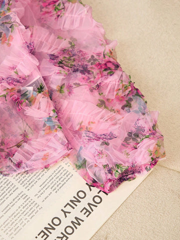 Clasi Elegant Floral Print Mesh Lantern Sleeve Blouse, Autumn