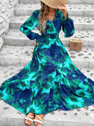 Elegant Floral Print Vacation Style Long Dress With Ruffled Sleeves And Waist Belt