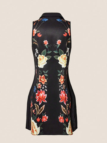 Elegant Floral Printed Front Button Sleeveless Vacation Dress