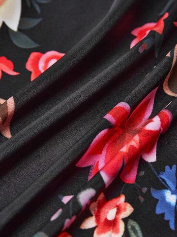 Elegant Floral Printed Front Button Sleeveless Vacation Dress