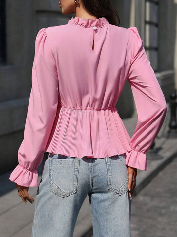 Clasi Elegant French Style Long Sleeve Shirt With Ruffle Collar, Gathered Waist And Ruffle Hem Closure, Pink Women's Blouse For Spring