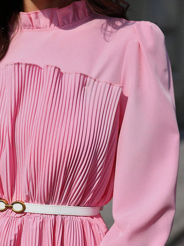 Clasi Elegant French Style Long Sleeve Shirt With Ruffle Collar, Gathered Waist And Ruffle Hem Closure, Pink Women's Blouse For Spring