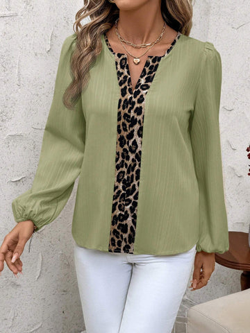 Clasi Elegant Leopard Patchwork V-Neck Long Sleeve Loose Blouse For Women
