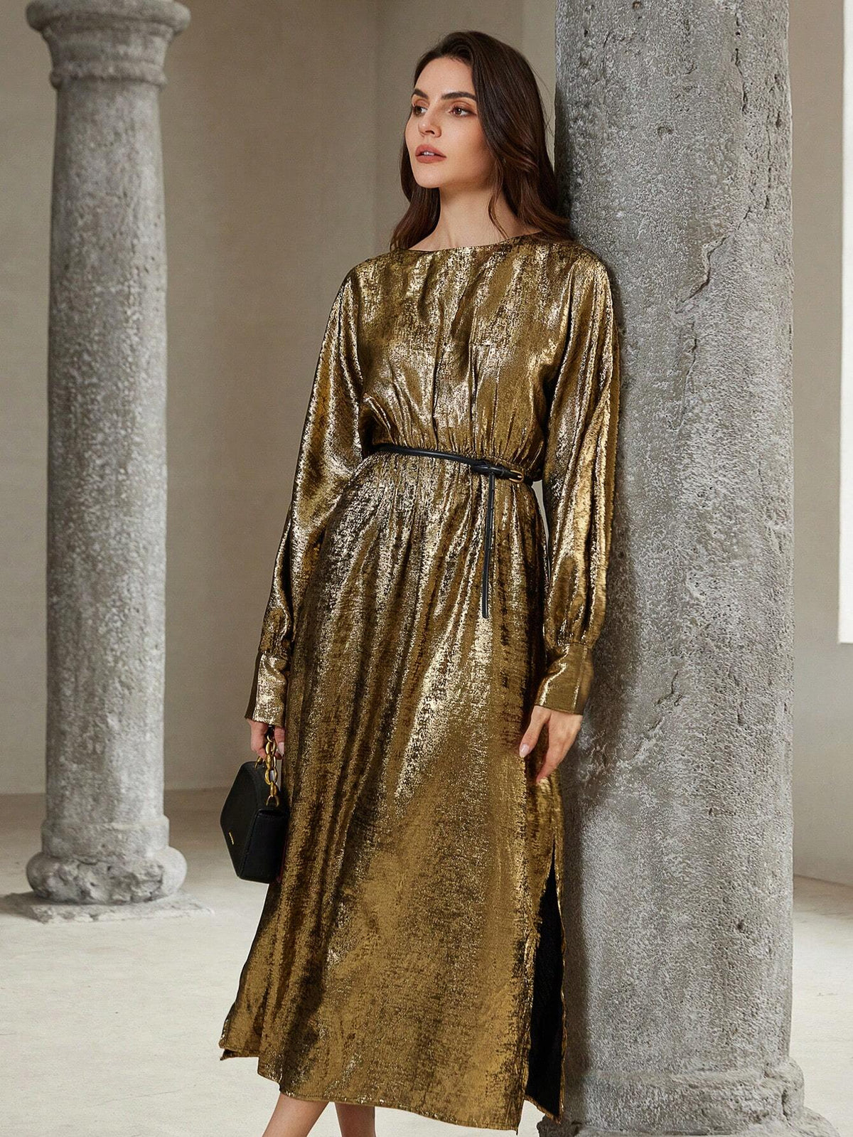 Elegant Luxury Metal Fabric Waist-Cinching Batwing Sleeve Long Dress
