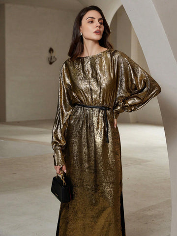 Elegant Luxury Metal Fabric Waist-Cinching Batwing Sleeve Long Dress