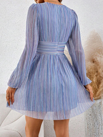 Elegant Metallic Glitter V-Neck Pleated Waist A-Line Long Sleeve Dress For Women