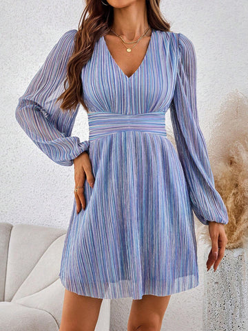 Elegant Metallic Glitter V-Neck Pleated Waist A-Line Long Sleeve Dress For Women