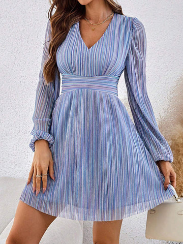 Elegant Metallic Glitter V-Neck Pleated Waist A-Line Long Sleeve Dress For Women