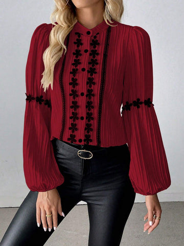 Clasi Elegant Minimalist H-Silhouette Lantern Sleeve Stand Collar Lace Trim Splice Weave Wavy Texture Long Sleeve Blouse, Autumn/Winter Regular Shirt