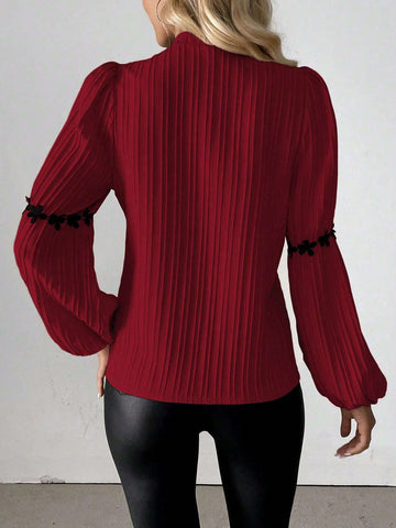 Clasi Elegant Minimalist H-Silhouette Lantern Sleeve Stand Collar Lace Trim Splice Weave Wavy Texture Long Sleeve Blouse, Autumn/Winter Regular Shirt