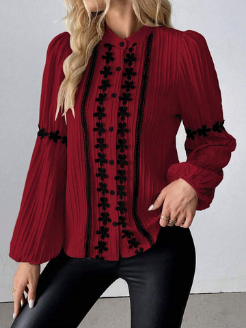 Clasi Elegant Minimalist H-Silhouette Lantern Sleeve Stand Collar Lace Trim Splice Weave Wavy Texture Long Sleeve Blouse, Autumn/Winter Regular Shirt