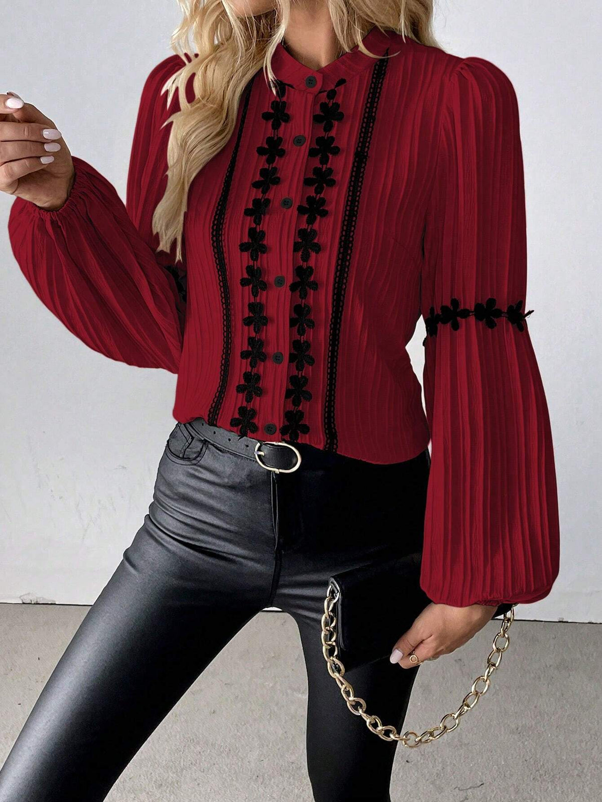 Clasi Elegant Minimalist H-Silhouette Lantern Sleeve Stand Collar Lace Trim Splice Weave Wavy Texture Long Sleeve Blouse, Autumn/Winter Regular Shirt