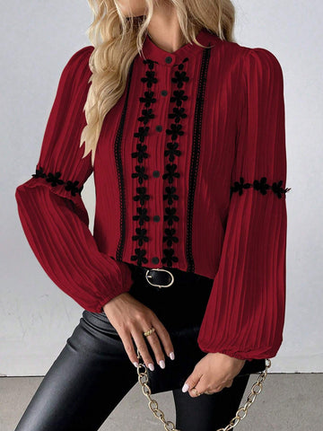 Clasi Elegant Minimalist H-Silhouette Lantern Sleeve Stand Collar Lace Trim Splice Weave Wavy Texture Long Sleeve Blouse, Autumn/Winter Regular Shirt