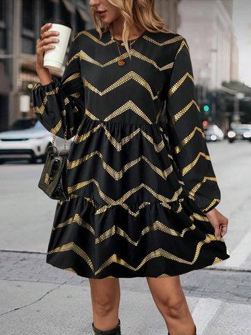 Elegant Multi-Layer Patchwork Dress With Foil Print Pattern