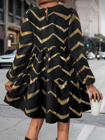 Elegant Multi-Layer Patchwork Dress With Foil Print Pattern