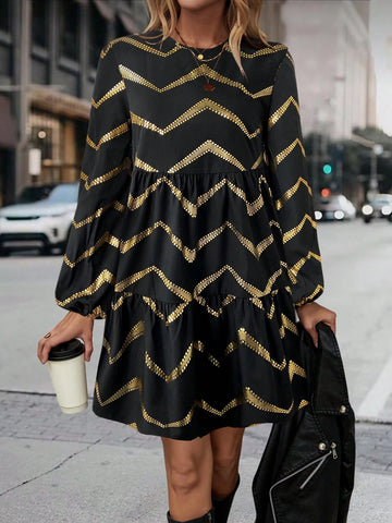 Elegant Multi-Layer Patchwork Dress With Foil Print Pattern