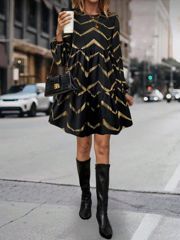 Elegant Multi-Layer Patchwork Dress With Foil Print Pattern