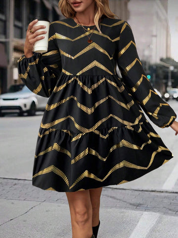 Elegant Multi-Layer Patchwork Dress With Foil Print Pattern