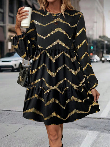 Elegant Multi-Layer Patchwork Dress With Foil Print Pattern