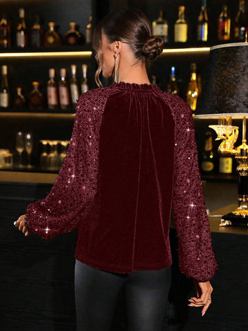 Clasi Elegant Party Solid Color Sequin Patchwork Cutout Collar Blouse