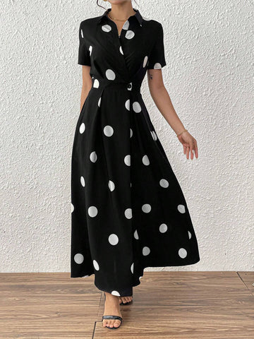 Elegant Polka Dot Print Button Design Dress, Summer