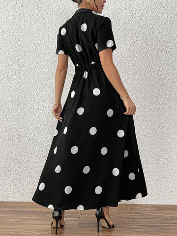 Elegant Polka Dot Print Button Design Dress, Summer