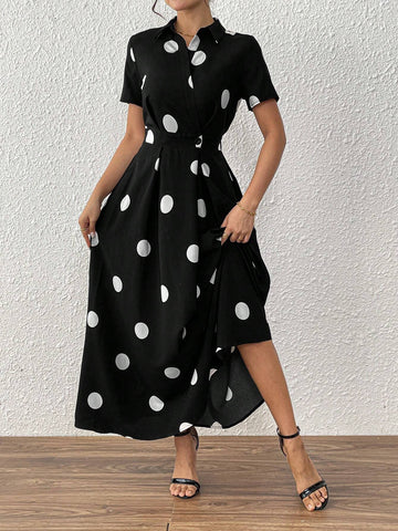 Elegant Polka Dot Print Button Design Dress, Summer